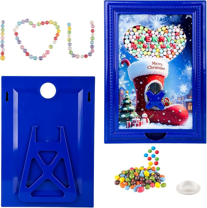 Candy Dispenser Picture Frame, Wall-Mount & Tabletop Gumball Machine with Multiple Designs for Candy, Nuts, Treats, Interactive Home and Office Decor (Christmas Boots, Blue)