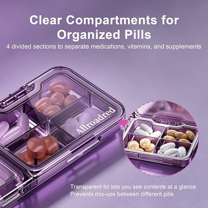 2-in-1 Pill Cutter and Splitter with Pill Organizer, Airtight Moisture-Proof Pill Case, Stainless Steel Blade for Tablets, Vitamins & Supplements, Travel Pill Case (Deep Purple)