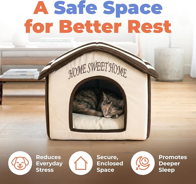Best Pet Supplies Cat Bed for Indoor Cat, Domed Tent House with Removable Pillow, Covered Cat Cave for Small Dog, Puppies and All Breeds of Cats - Beige w/ Brown Stripes, 16 x 16 x H:14"