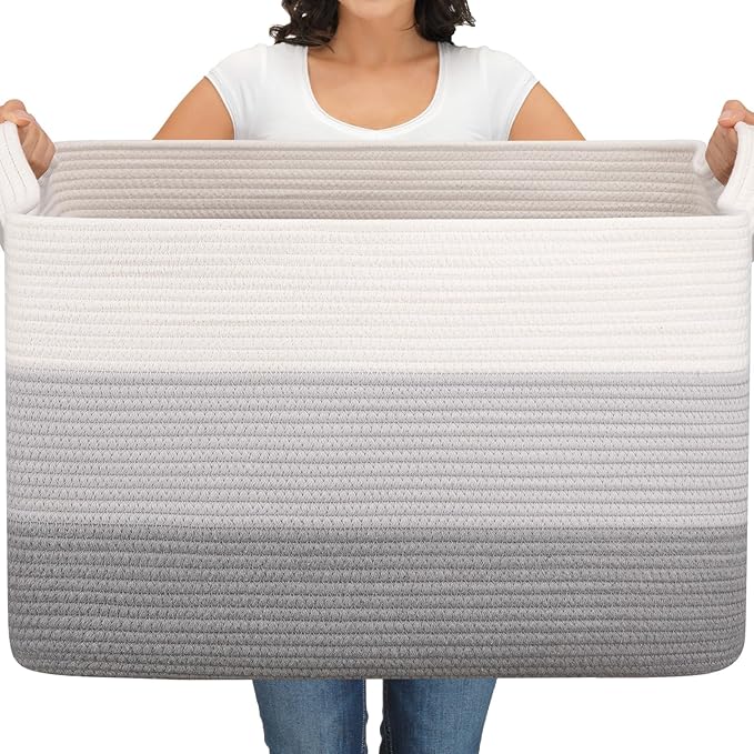 OIAHOMY Extra Large Blanket Basket, 110L Cotton Rope Woven Laundry Basket, Toy Bin for Baby Room, Container for Blanket Storage in Living Room, 24.8''×17.3''×15.8'', Gradient Grey