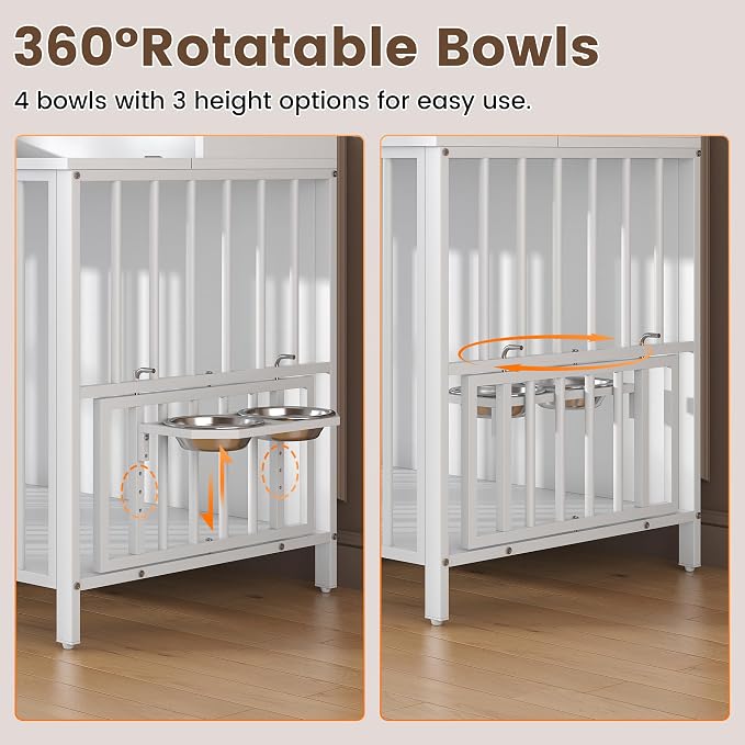 BOINN 78 Inch Dog Crate, Large Dog Crate for 2 Dogs, Dog Kennel Indoor for Large/Medium Dogs with Top Access Door, XL Wooden Dog Cage with 360 Degree Rotatable Stainless Bowls, Heavy Duty Steel Frame