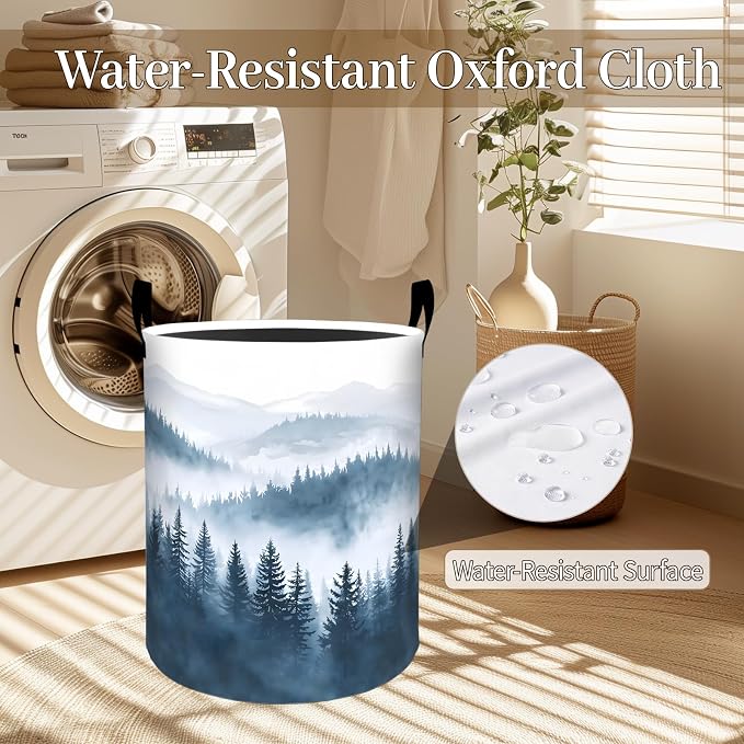 Foggy Forest Laundry Basket, Misty Pine Tree Foldable Oxford Cloth, Waterproof Dirty Clothes Hamper with Handles, Clothing Storage Bin Toy Organizer for Bedroom Dorm Bathroom, 19.7"x15.7"