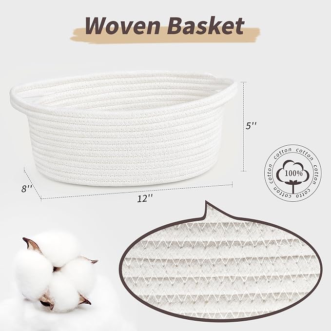 Pro Goleem Small Woven Basket with Gift Bags and Ribbons Durable Baskets for Gifts Empty Small Rope Basket for Storage 12"X 8" X 5" Baby Toy Bin with Handles, White