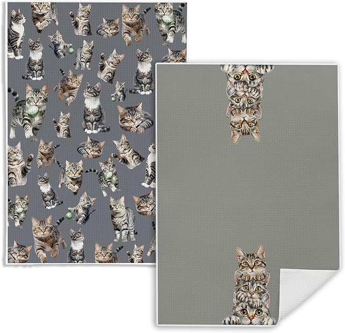 Tabby Cat Gifts Kitchen Towels, Cat Lover Gifts Dish Tea Towels, Cute Kitty Kitten Grey Brown Decorative Hand Towel for Bathroom, 16x24 Inch Set of 2