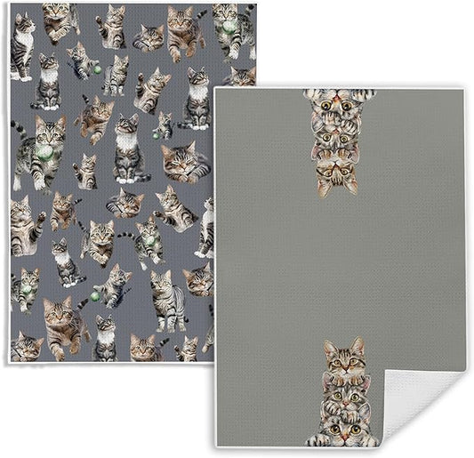 Tabby Cat Gifts Kitchen Towels, Cat Lover Gifts Dish Tea Towels, Cute Kitty Kitten Grey Brown Decorative Hand Towel for Bathroom, 16x24 Inch Set of 2
