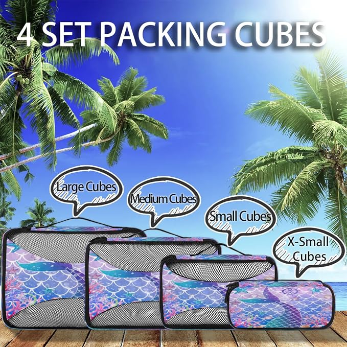 Mermaid Fish Scale Packing Cubes for Travel, Luggage Packing Organizers, Fishtail Travel Accessories Large Toiletries Bag for Clothes Shoes Cosmetics Toiletries
