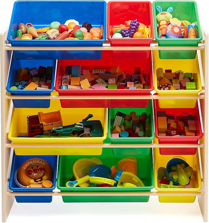 Amazon Basics Kids Toy Storage Organizer With 12 Plastic Bins, Natural Wood, Multicolor, for Bedroom and Playroom, 33.85"D x 12.79"W x 35.42"H