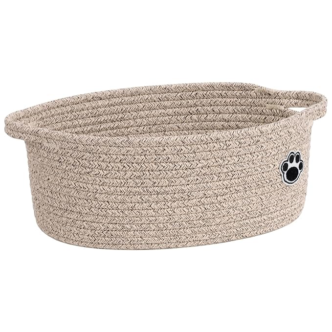 Dog Toy Basket, Small Woven Basket for Pet Toy Storage, Brown | 12"x 8" x 5" Small Dog Toy Bin & Box with Handles, Fits Living Room Bedroom Nursery Organization, Gift Basket Empty for Pets