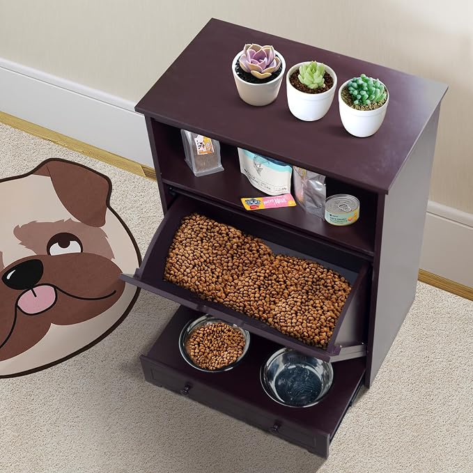 Pet Feeder Station, Dog Food Storage Cabinet with Stainless Steel Double Pull Out Raised Dog Bowls, Pet Food Toy Storage Container, Elevated Cat Bowls Feeding & Watering, Pet Toy Storage Organizer