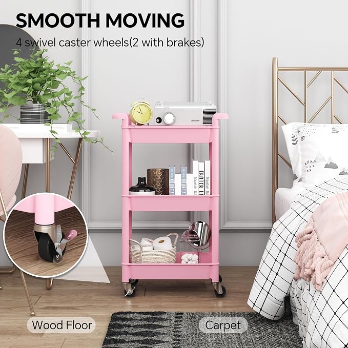 Steehoom 3-Tier Utility Rolling Cart with Cover Top Board, Mobile Utility Cart with Lockable Casters Multi-Functional Storage Trolley for Office, Bathroom, Kitchen, Garden, Laundry Room (Pink)