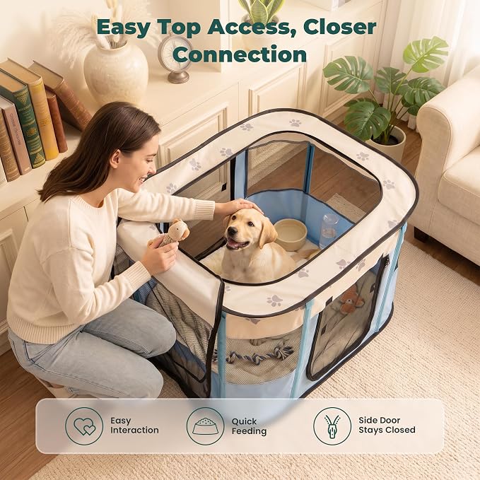 Avont Portable Pet Puppy Dog Playpen, Foldable Cat Playpen, Indoor/Outdoor | Water-Resistant Breathable Shade Cover, Travel Camping Use for Small Animals with Carrying Case, (L/Blue)
