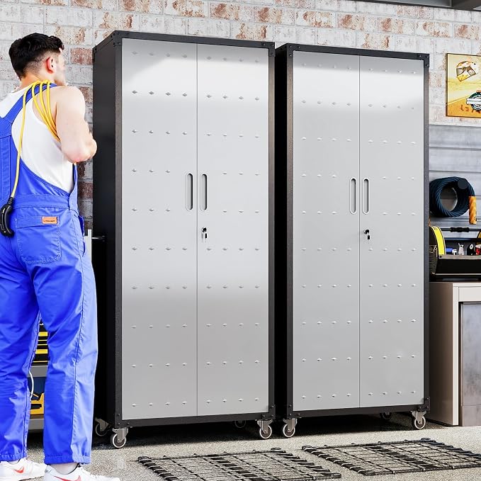 Garage Metal Storage Cabinet,71" Rolling Tool Cabinet with Pegboard and 3 Adjustable Shelves,Heavy-Duty Shelving Unit with Lockable Doors for Garage,Workshop,Home & Office Organization