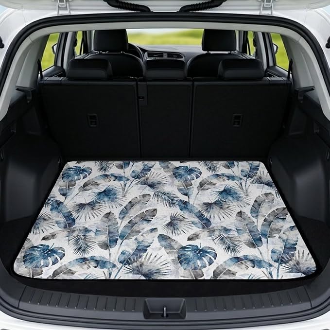 Leaf Print Cargo Mat Rear Trunk Liner, Universal All Weather Car Trunk Mat 29" x 39", Non Slip Washable Durable Pet Friendly Gray Blue Cargo Protection