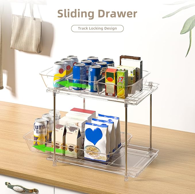 4-Pack 2-Tier Under Sink Organizer with Pull Out Drawers | Multi-use kitchen & bathroom storage. Includes hanging hooks and cups. transparent, space-saving cabinet design. 11.2 Inch