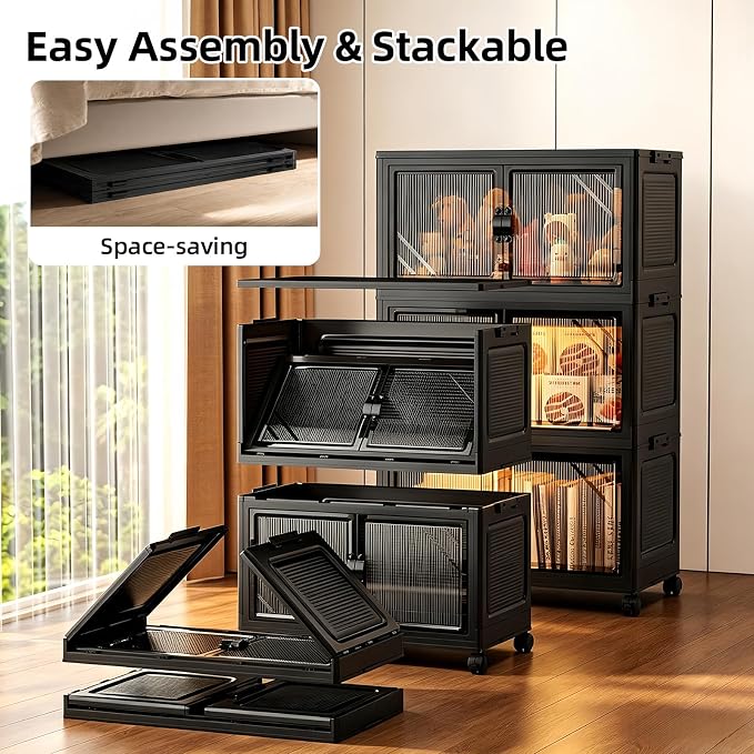 5-Tier Foldable Storage Cabinet with Wheels & Lid, 242QT Large Stackable Organizer, No Tool Required, Storage Cabinet for Garage, Home Office, Pantry, Kitchen, Dorm