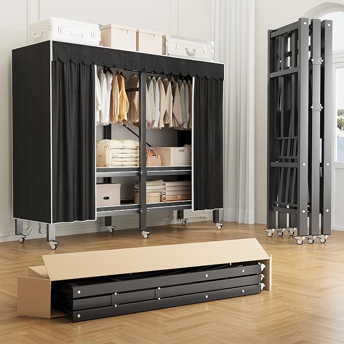 66in Heavy Duty Portable Closet with Black Cover | Foldable Covered Clothes Rack for Hanging Armoire Wardrobe Closet System Freestanding Coat Storage Garment Racks