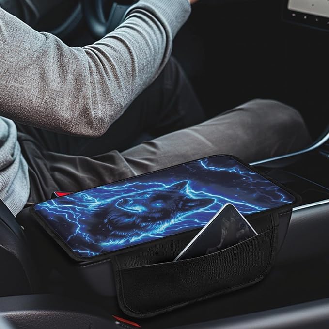 Howilath Car Armrest Cover Pad, Universal Center Console Cushion | Blue Lightning Wolf Arm Rest Cover. Soft & Comfortable, Washable Fits for Cars, Suvs, Vans, And Trucks