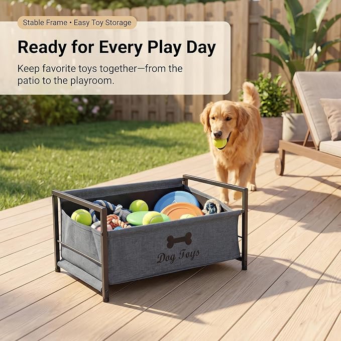 Pethiy Dog Toy Basket, Metal Frame Fabric Pet Storage Bin Front Low Open | pet organizer with Front Low Opening with black metal frame and soft fabric bin for Large Capacity Dog Toy Basket