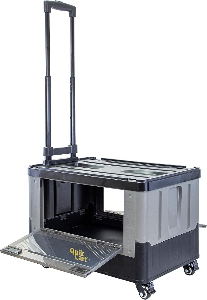 dbest Products Quik Cart Extended Collapsible Rolling Crate - Gray & Black | with Wheels, Dual Side Doors, Two-Position Handle, 360 Spinner Wheels, Foldable Utility Basket Cart with Seat, 80 lbs