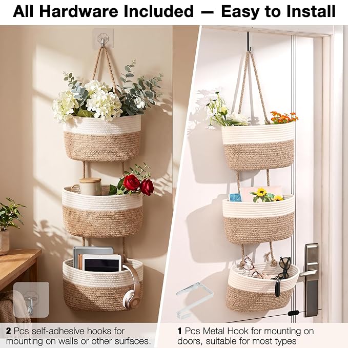 ICERZCZ Hanging Baskets for Organizing, Over the Door Decorative Storage Organizer, Nursery Decor Organization, 3-Tier Wall Basket for Entryway Playroom Bathroom Closet, Mixed Brown & Off White