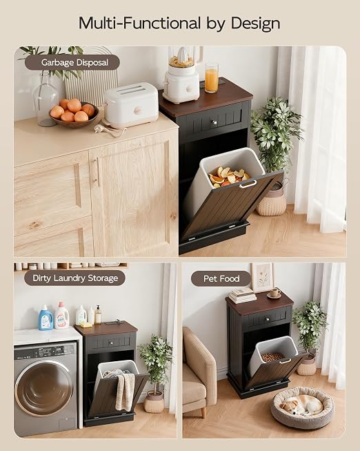 Betterhood Single Tilt Out Trash Cabinet with Power Outlet, Wooden Hidden Garbage Can Holder with a Big Storage Drawers for Kitchen, Living Room, Laundry, Black