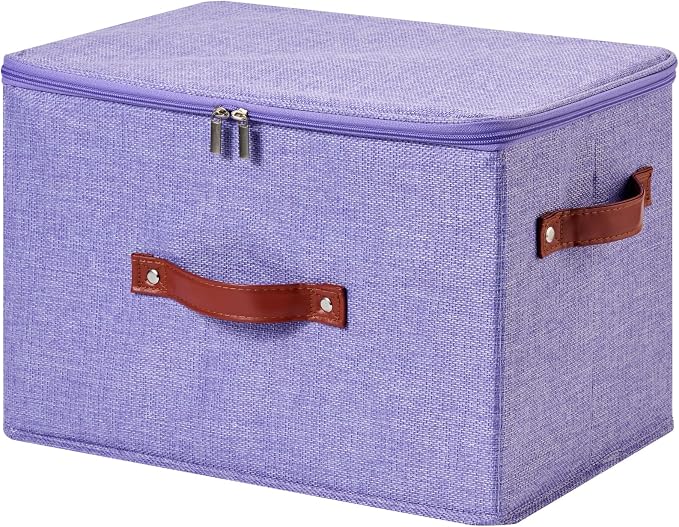 Storage Bin Box with Zippered Lid Decorative Collapsible Basket | Cotton Linen Fabric, Washable Foldable Stackable Cloth Container, Closet Shelf Organizer w/ PU Leather Handles, Purple-Large