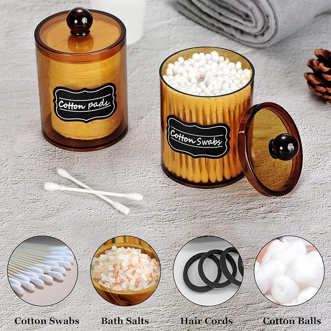 SheeChung 6 Pack Qtip Holder, Amber Acrylic Apothecary Jars for Bathroom | (3)10oz & (3)12oz Plastic Canister,Bathroom Vanity Organizer for Cotton Swabs,Balls,Pads,Modern Farmhouse Home Decor