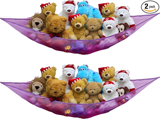 Simple Houseware 2 Pack Stuffed Animal Toy Hammock Net, Purple | Jumbo Size Corner Wall Storage for Kids Room