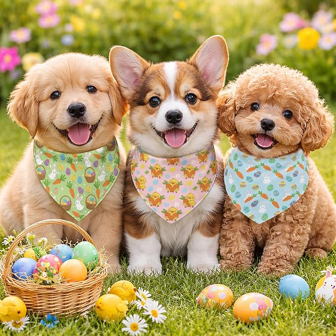 Abbylike 50 Pcs Spring Dog Bandanas Bulk Bunny Egg Carrot Bandanas for Dogs Triangle Kerchief Bibs Scarf Set for Pet Easter Costume Photo Props Accessories Pet Shops, 25 Styles (19.7 x 13.8 x 13.8)
