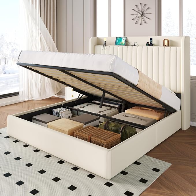 SHA CERLIN Queen Size Lift Up Storage Bed Frame, Charging Station, Cream | Storage Headboard with Charging Station, USB, Type-C Port Velvet Hydraulic Storage Bed No Box Spring Needed Noise Free