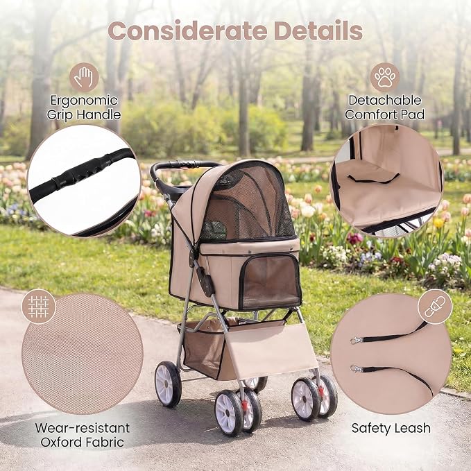 Giantex Foldable Pet Stroller for Small Dogs & Cats, Lightweight Dog Stroller with Lockable Wheels, One-Hand Quick Fold, Adjustable Canopy, Safety Leash & Storage Basket, Pet Travel Stroller, Beige