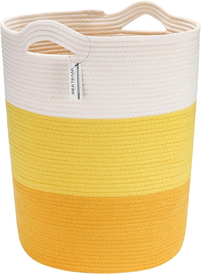 Sea Team Large Woven Cotton Rope Laundry Basket with Handles, 20 x 14 in | Collapsible Knitted Hamper, Closet Shelf Organizers, Containers for Clothing, Blankets, Toys, Bedding, Yellow