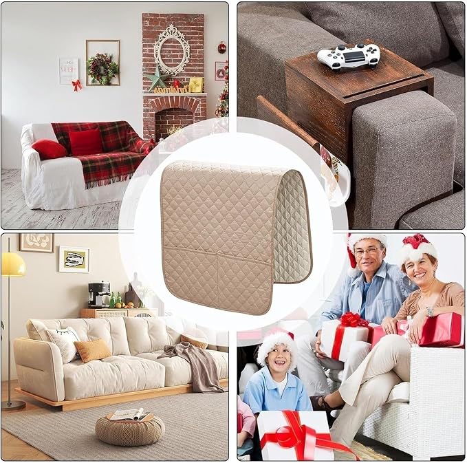 Armrest Covers Arm for Chairs Couch Sofa Armchair Slipcovers Recliner Organizer Non-Slip Chair Bedside Storage Caddy Holder 2 Pockets Magazines Waterproof(Beige)
