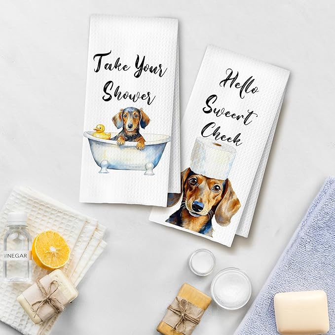 Funny Dachshund Hand Towels for Bathroom Washroom, Weiner Dog Bathroom Decor, Dachshund Gifts for Women Men, Humorous Dog Hand Towels, 16x24 Inch Set of 4