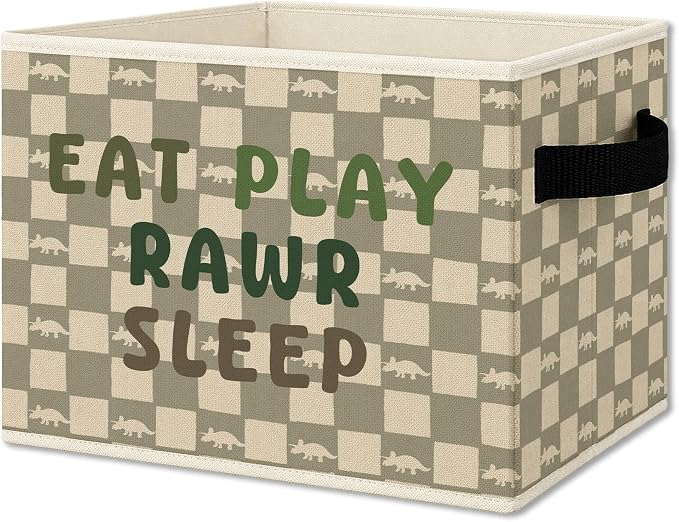 Dinosaur Nursery Cube Storage Bins with Handles, Eat Play Rawr Sleep Playroom Collapsible Fabric Storage Basket Boxes Books Clothes Organizer for Kids Toddler Boys Room Bedroom Bathroom