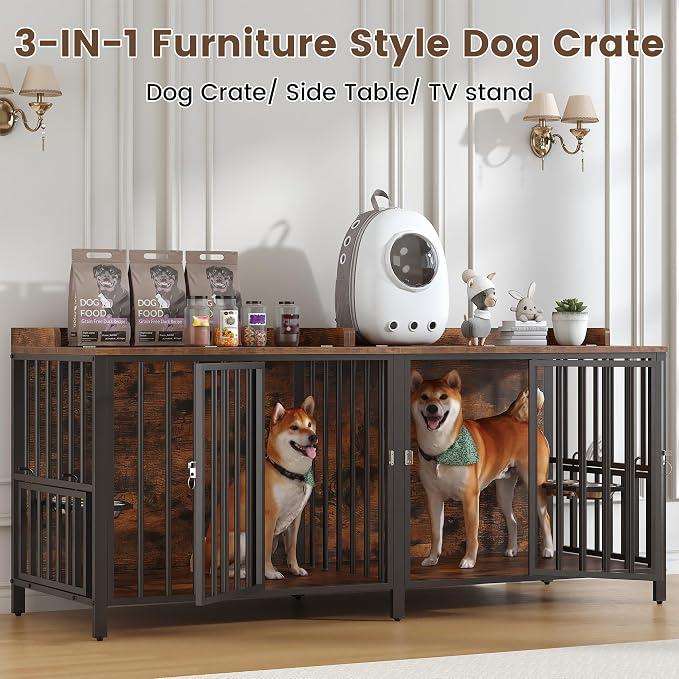 BOINN 78 Inch Dog Crate, Large Dog Crate for 2 Dogs, Dog Kennel Indoor for Large/Medium Dogs with Top Access Door, XL Wooden Dog Cage with 360 Degree Rotatable Stainless Bowls, Heavy Duty Steel Frame