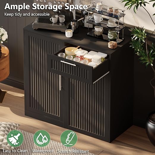 Single 13 Gallon Pull Out Trash Can Cabinet with Storage Cabinet,Black | Pet Proof Hidden Garbage Can Cabinet,3-Tier Shelves,Fluted Design,Extra Drawer Space,Kitchen & Dining Room Organization