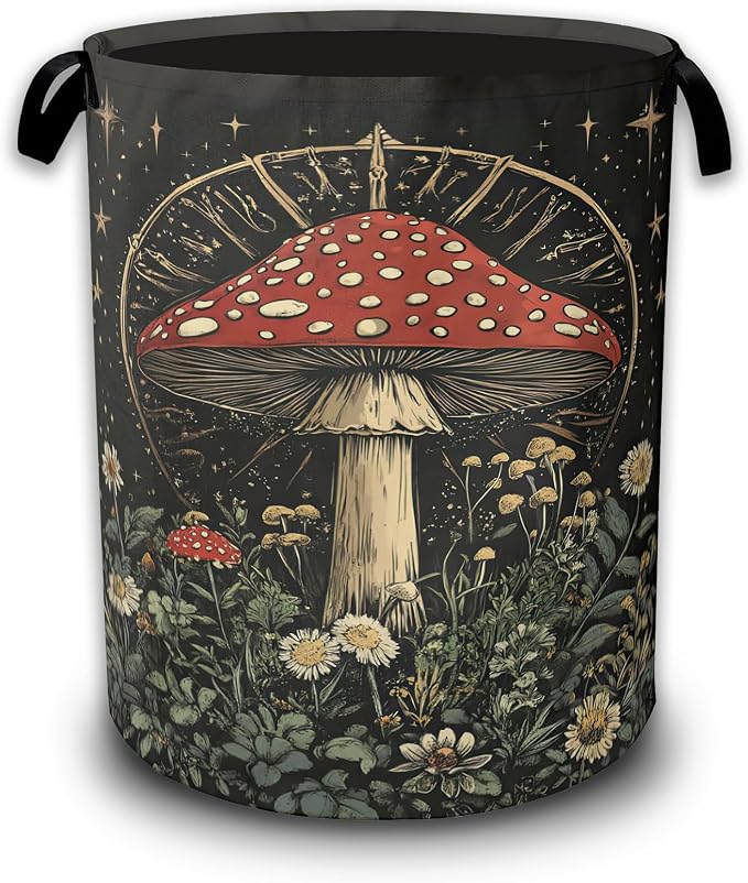 Laundry Basket Vintage Mushroom,Collapsible Waterproof Oxford Cloth with Handles,Celestial Forest Laundry Hamper Clothes Storage Bucket Toy Organizer for Bathroom/Nursery/Bedroom 16" x 20.8"