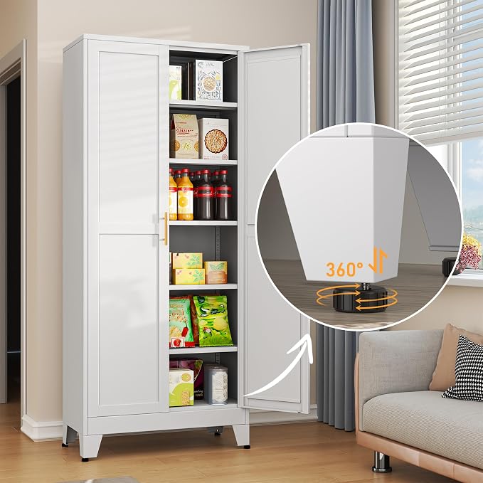 White Metal Storage Cabinet,75" Steel Cabinets for Home Office | Kitchen Pantry Storage Cabinet with Doors and 5 Adjustable Shelves, Tool Cabinets, for Office, Home, Garage, School