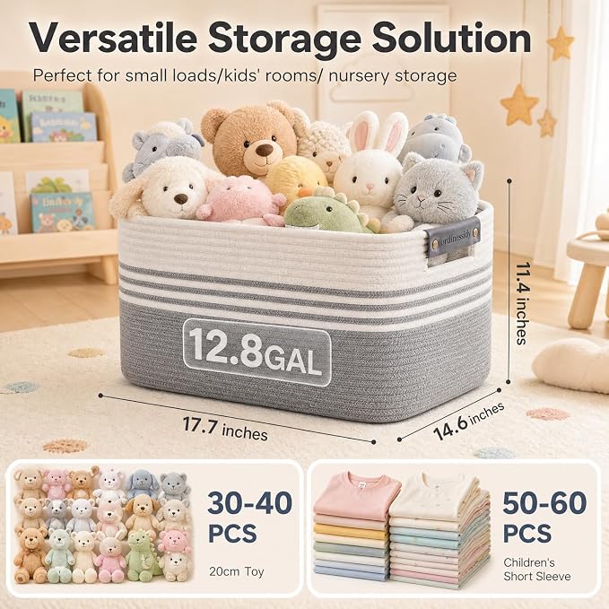 Cotton Rope Laundry Basket Small, 12.8GAL Collapsible Woven Storage Baskets for Living Room Kids Toys Stuffed Animal,Boho Rectangular Decorative Short Hamper for Dirty Clothes, Blankets White Grey