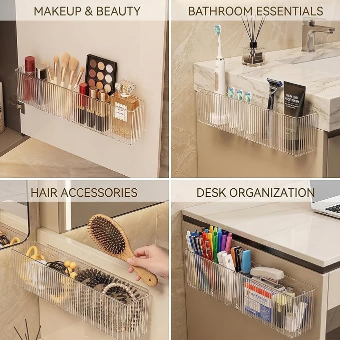 Osuke 2 Pack Clear Shower Caddy & Bathroom Counter Organizer, Slim 2.3" Adhesive Wall Mount Shower Shelves with 3 Compartments, Fluted Bathroom Organizers and Storage for Skincare