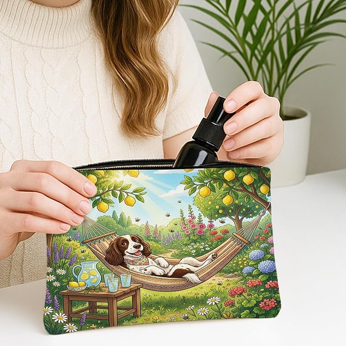 Springer Spaniel Dog Makeup Bag, Country Lemon Floral Plant Cosmetic Travel Pouch for Women, Gifts for Girls, Pet Portable Small Canvas Zipper Organizer 7x9 Inch