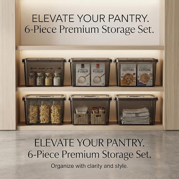 6 Quart Stackable Plastic Storage Bins with Lids, 6 Pack Clear Black Small Organizer Boxes with Latches for Bathroom, Pantry, Office Desk and Small Item Storage