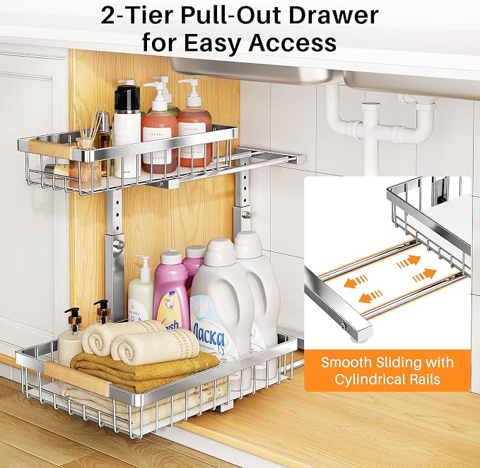 PXRACK Under Sink Organizer, Adjustable Height, 2 Tier Pull Out Cabinet Organizer, Slide Out Thickened Metal Storage for Kitchen Bathroom Laundry Pantry Cabinet, Stainless Steel, Silver, Large-1-Pack