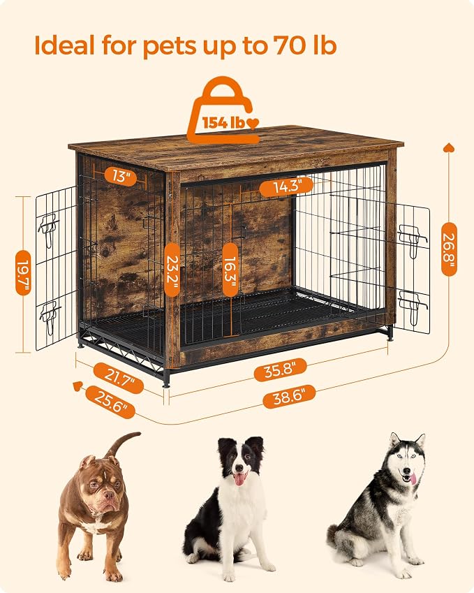 Feandrea 38.6" Dog Crate Furniture, Indoor Dog Cage Side End Table, XL Pet Wood Kennel for Large and Medium Dogs up to 70 lb with Multi-Purpose Removable Tray, Double-Door Pet House, Rustic Brown