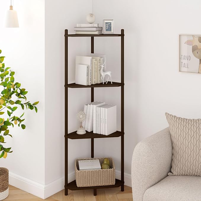 Wisuce Brown Small Corner Shelf Stand, 4-Tier Bamboo Corner Bookshelf | Space-Saving Narrow Corner Shelf | Bathroom Corner Shelf | Shelves for Bedroom, Living Room, Kitchen & Plant Display