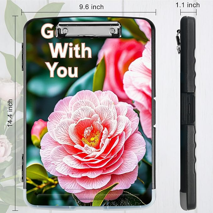 A4 Clipboard with Storage Pen Holder, Clipboards Organizer Nursing Clipboard Foldable File Folder Plastic Clipboard Folio Clip Board for Office Work Classroom Doctor, Pink Peony