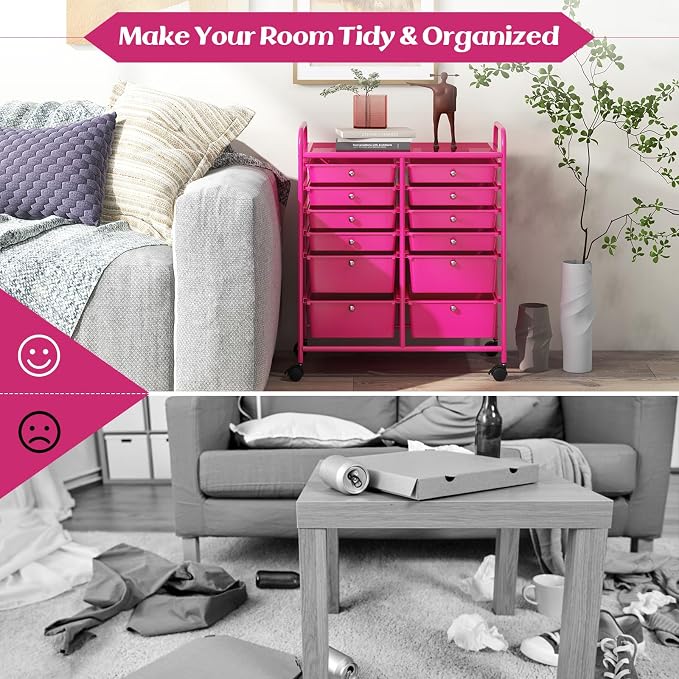12 Drawer Rolling Storage Cart, Art Cart Organizer on Wheels, Mobile Utility Cart with Drawers, Multipurpose Craft Drawers for Home Office School Classroom (Hot Pink)
