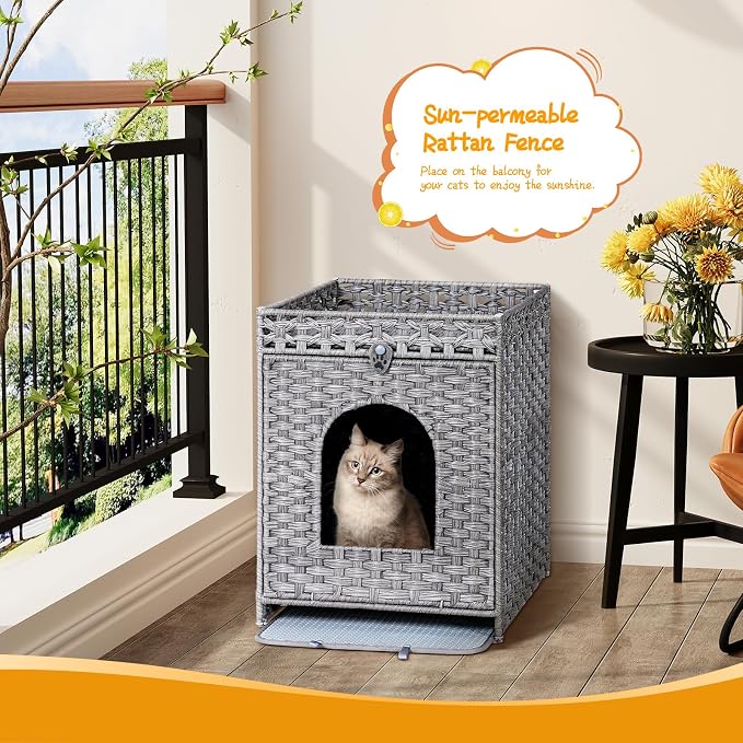 Snughome Cat Litter Box Enclosure Furniture Hidden with Cat Litter Mat, Hidden Cat Washroom Furniture with Door, Handwoven Rattan Cat Washroom Box, Indoor Pet House for Living Room, Bedroom(Grey)