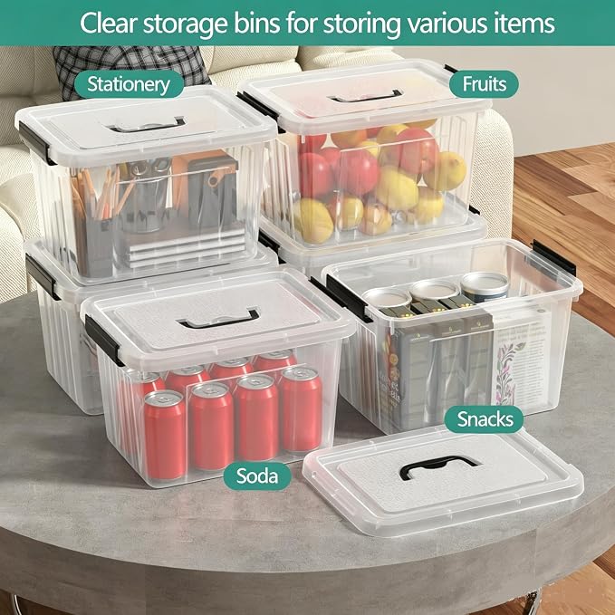Clear Storage Latch Bin 12 Quart, Plastic Organizing Box, 6-Pack | Stackable Clear Containers with Secure Latching Lids / Black Handles, for Closet, Pantry, Garage, and Craft Storage